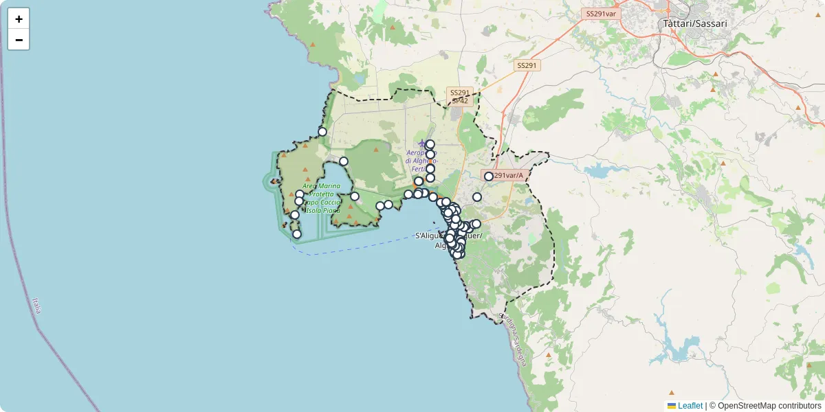 Mappa dettagliata del trasporto pubblico a l'Alguer/Alghero con linee autobus, tram e collegamenti