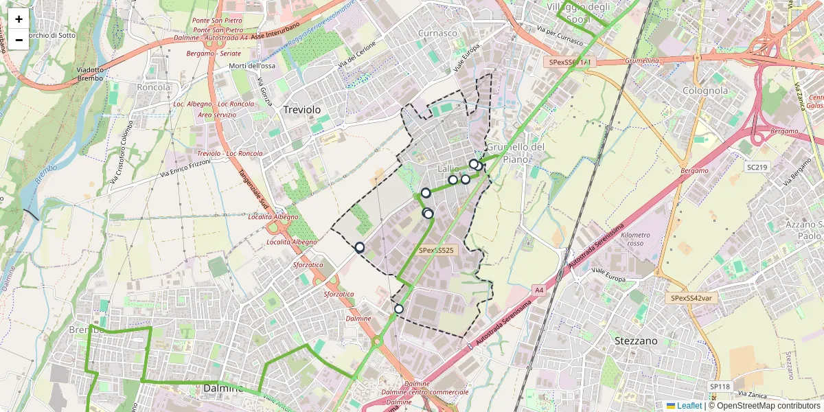 Mappa dettagliata del trasporto pubblico a Lallio con linee autobus, tram e collegamenti