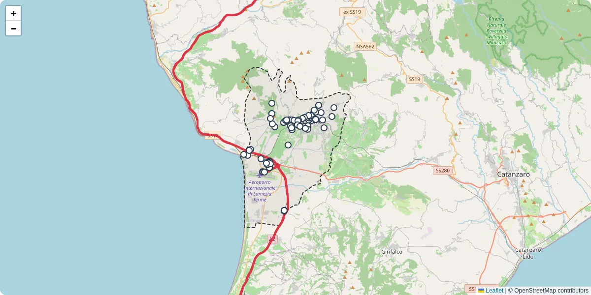 Mappa dettagliata del trasporto pubblico a Lamezia Terme con linee autobus, tram e collegamenti