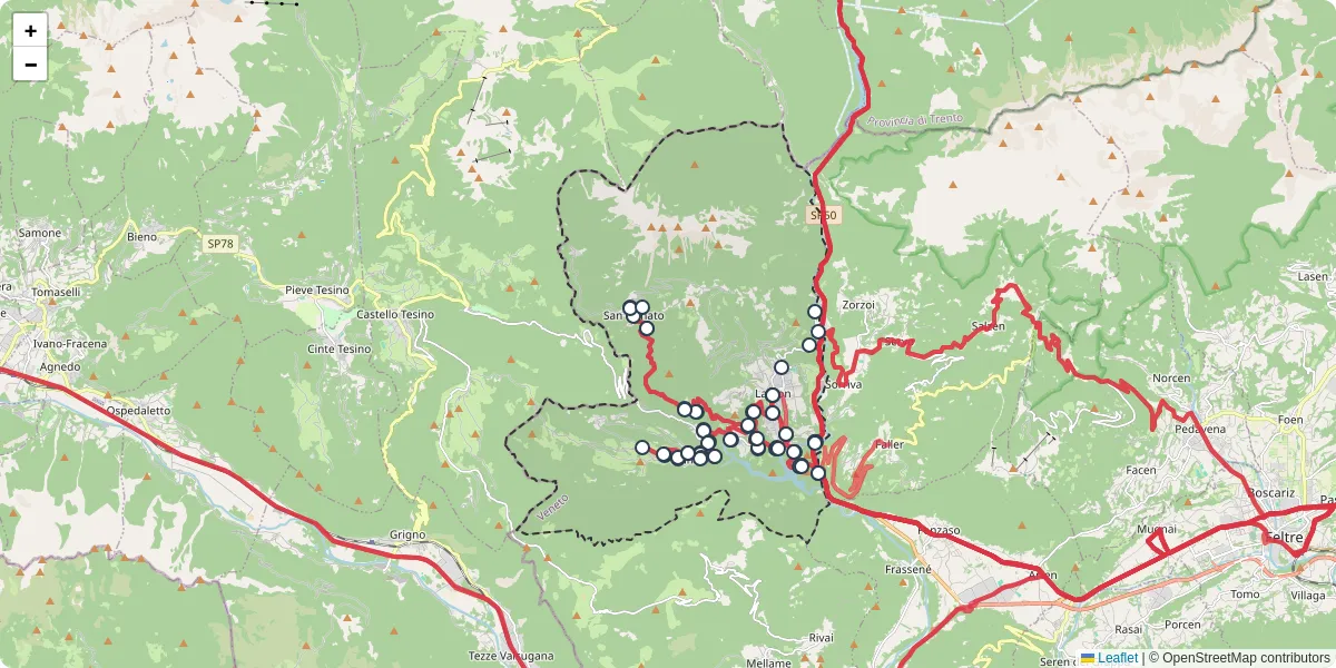 Mappa dettagliata del trasporto pubblico a Lamon con linee autobus, tram e collegamenti
