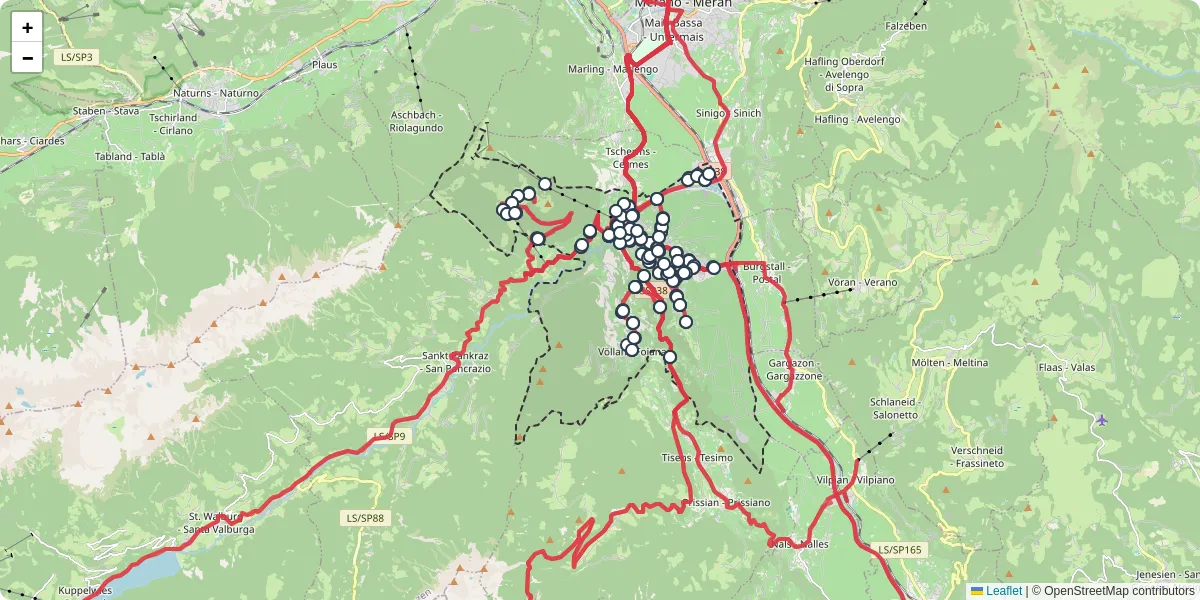 Mappa dettagliata del trasporto pubblico a Lana con linee autobus, tram e collegamenti