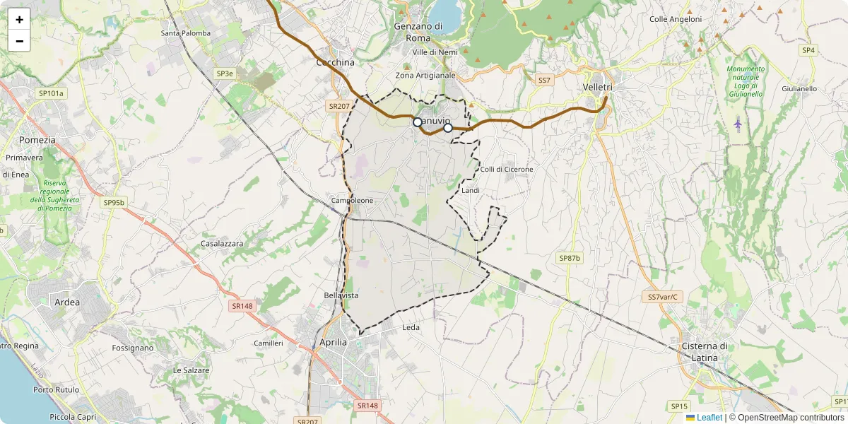 Mappa dettagliata del trasporto pubblico a Lanuvio con linee autobus, tram e collegamenti