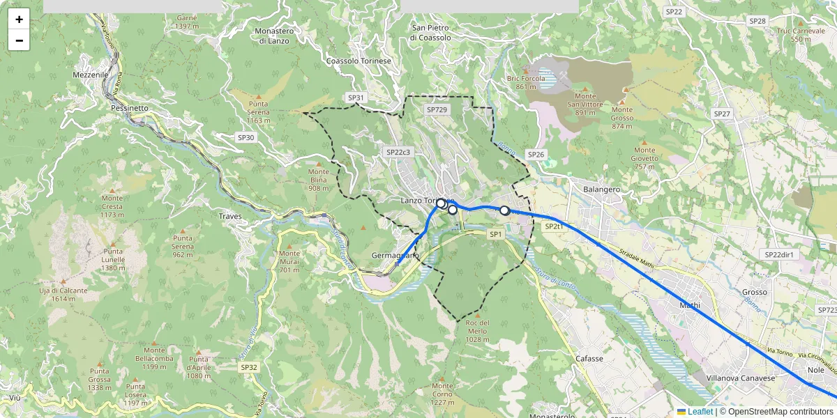 Mappa dettagliata del trasporto pubblico a Lanzo Torinese con linee autobus, tram e collegamenti
