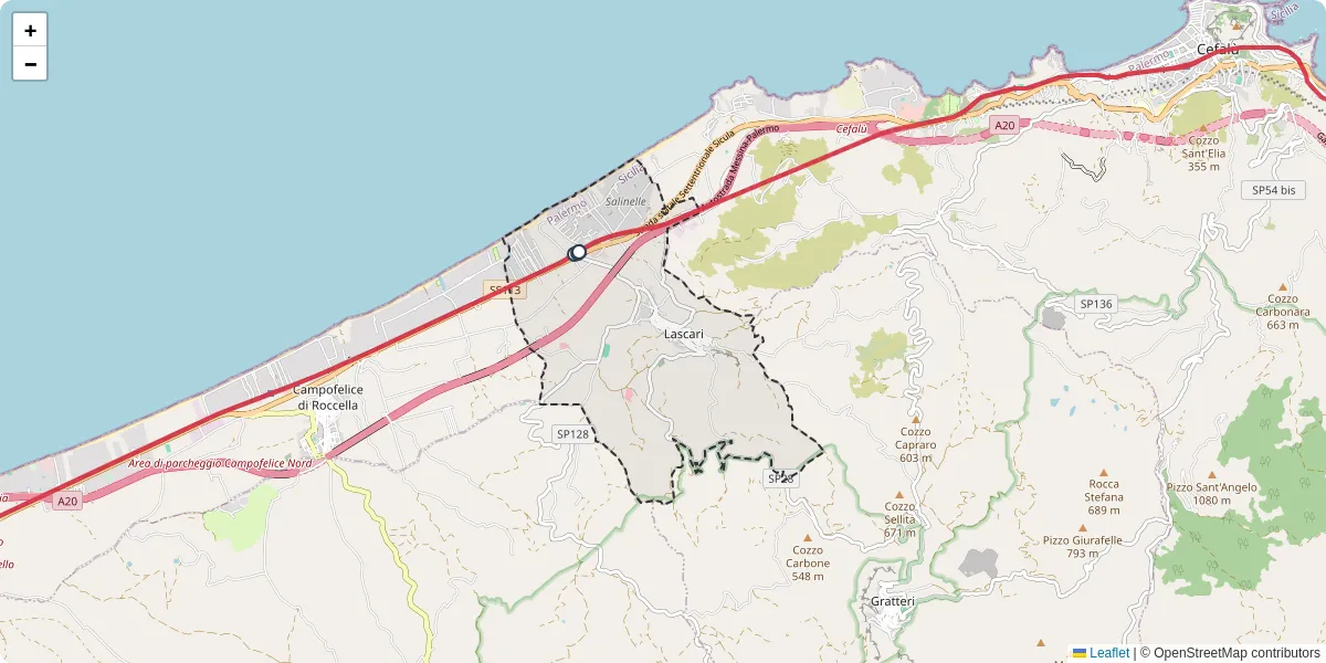 Mappa dettagliata del trasporto pubblico a Lascari con linee autobus, tram e collegamenti