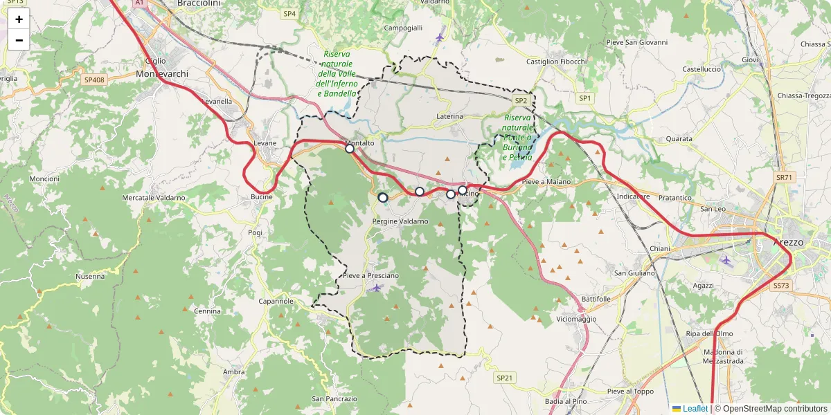 Mappa dettagliata del trasporto pubblico a Laterina Pergine Valdarno con linee autobus, tram e collegamenti