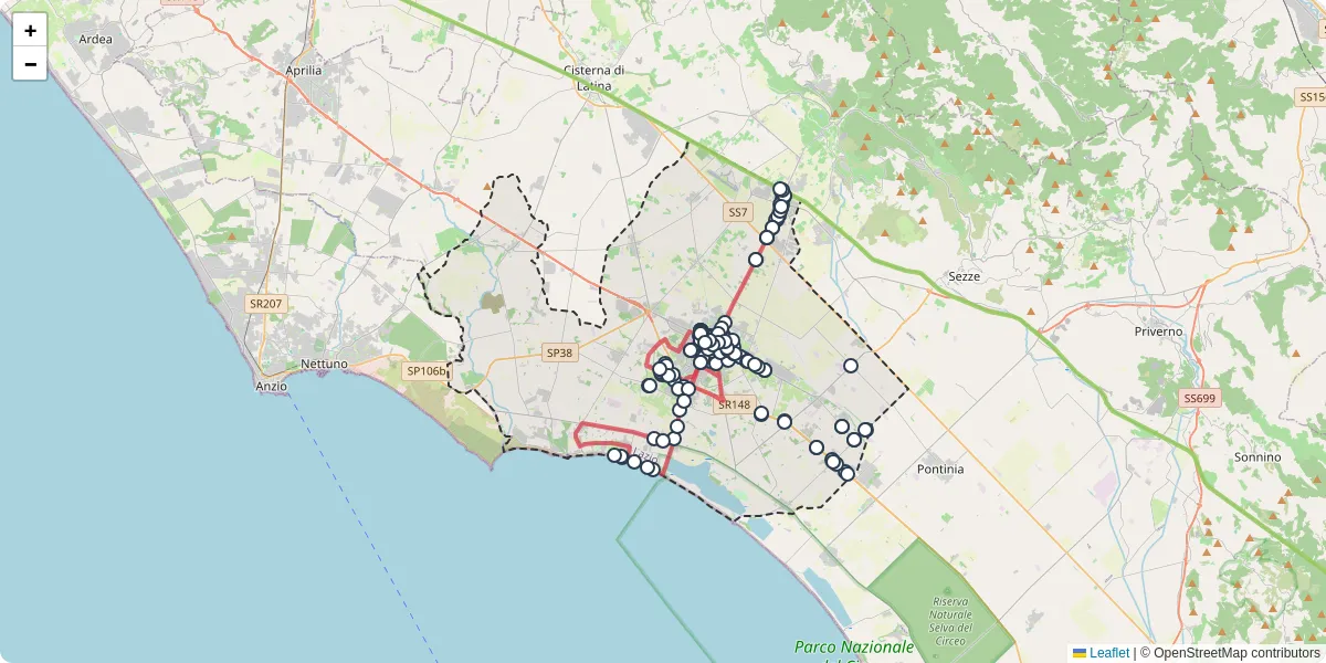 Mappa dettagliata del trasporto pubblico a Latina con linee autobus, tram e collegamenti