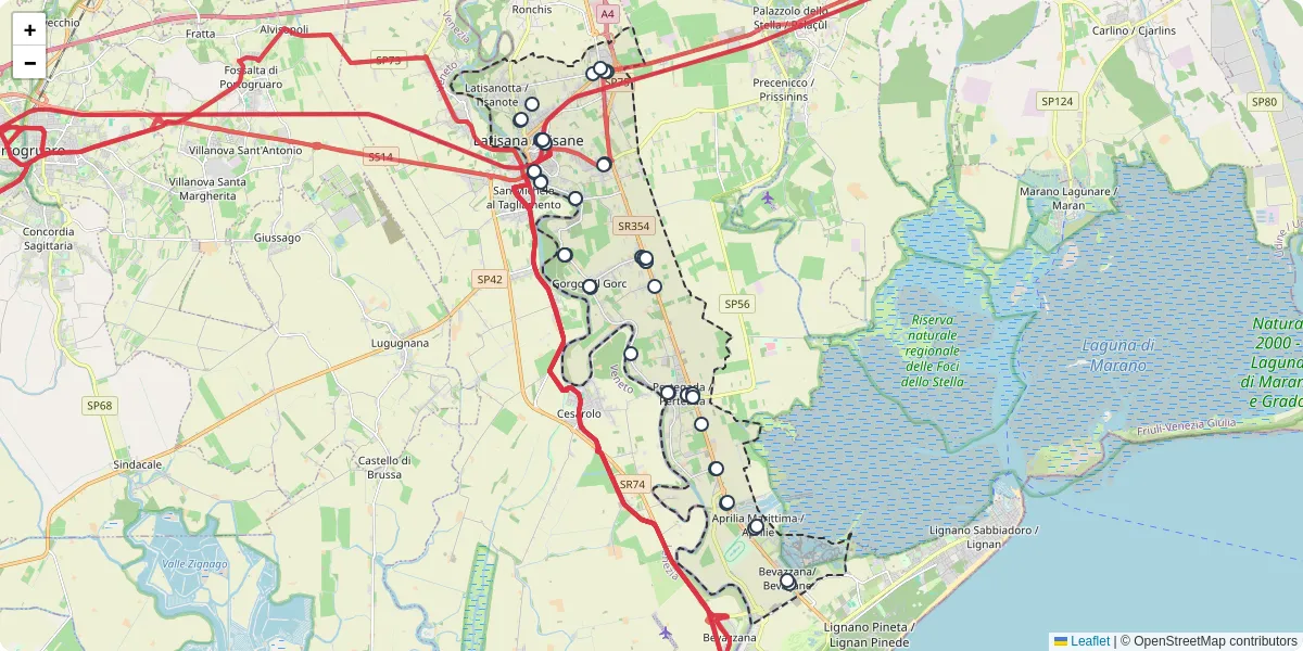 Mappa dettagliata del trasporto pubblico a Latisana / Tisane con linee autobus, tram e collegamenti