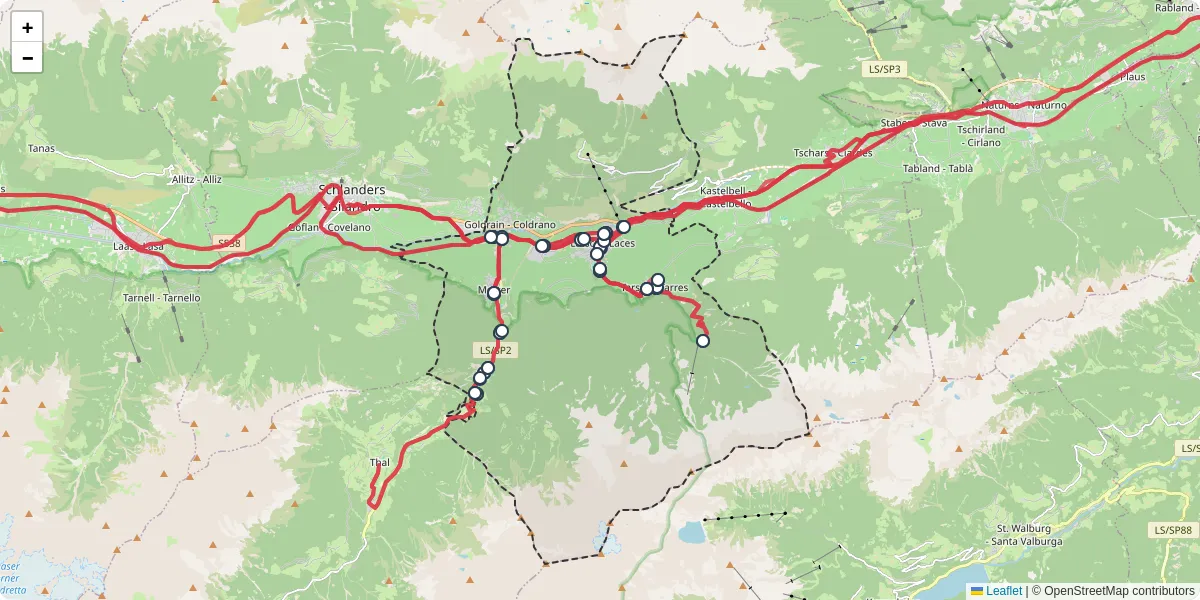 Mappa dettagliata del trasporto pubblico a Latsch - Laces con linee autobus, tram e collegamenti