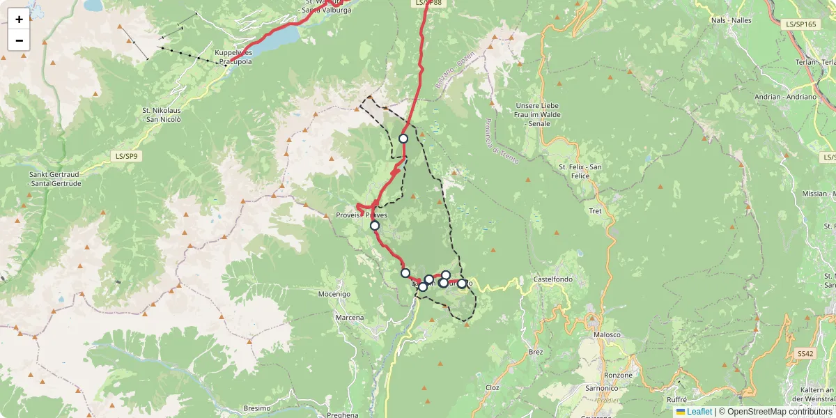 Mappa dettagliata del trasporto pubblico a Laurein - Lauregno con linee autobus, tram e collegamenti