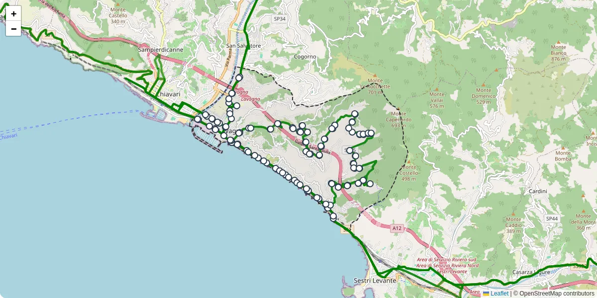 Mappa dettagliata del trasporto pubblico a Lavagna con linee autobus, tram e collegamenti