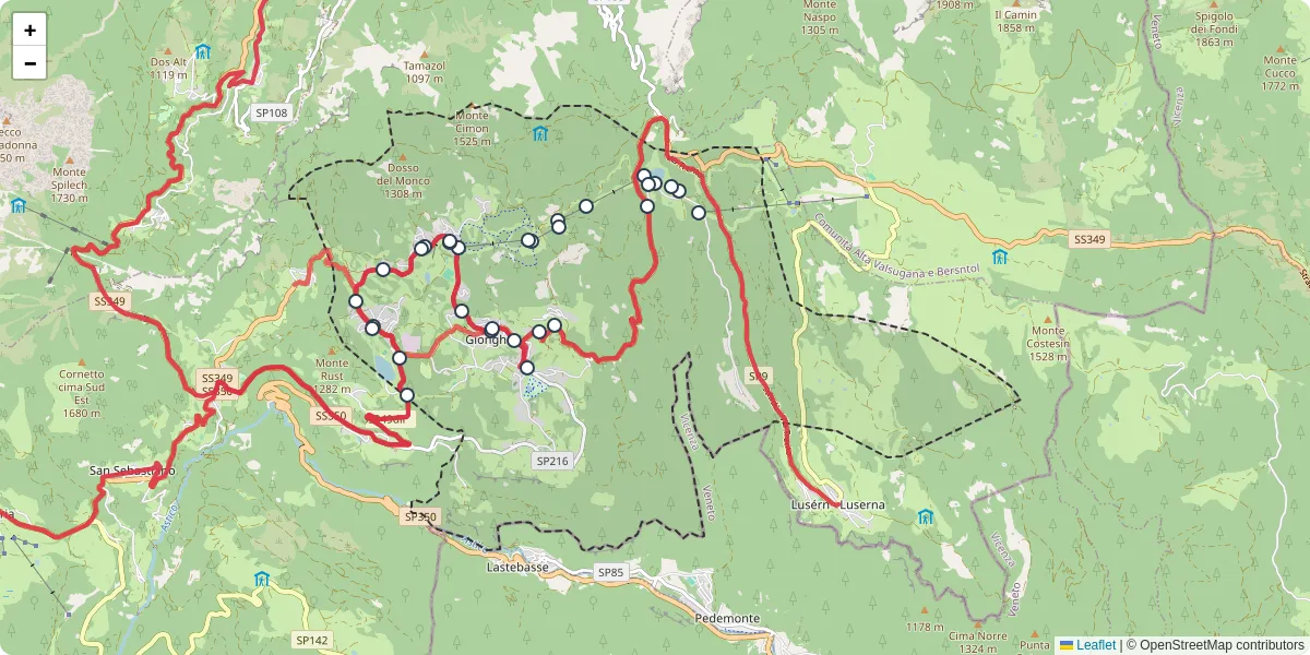 Mappa dettagliata del trasporto pubblico a Lavarone con linee autobus, tram e collegamenti