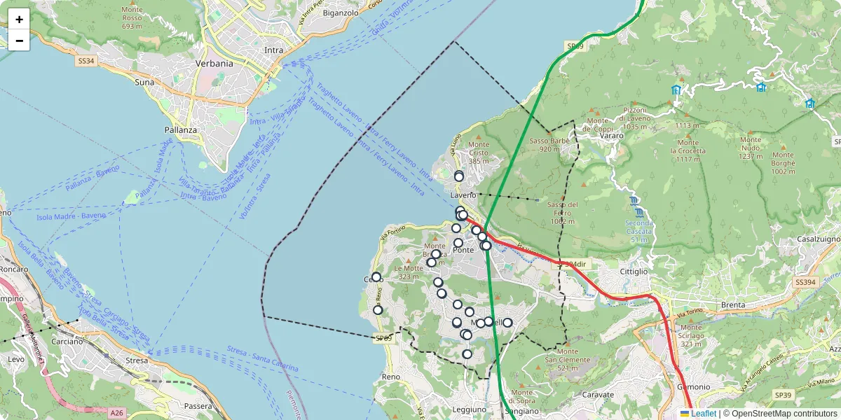 Mappa dettagliata del trasporto pubblico a Laveno-Mombello con linee autobus, tram e collegamenti