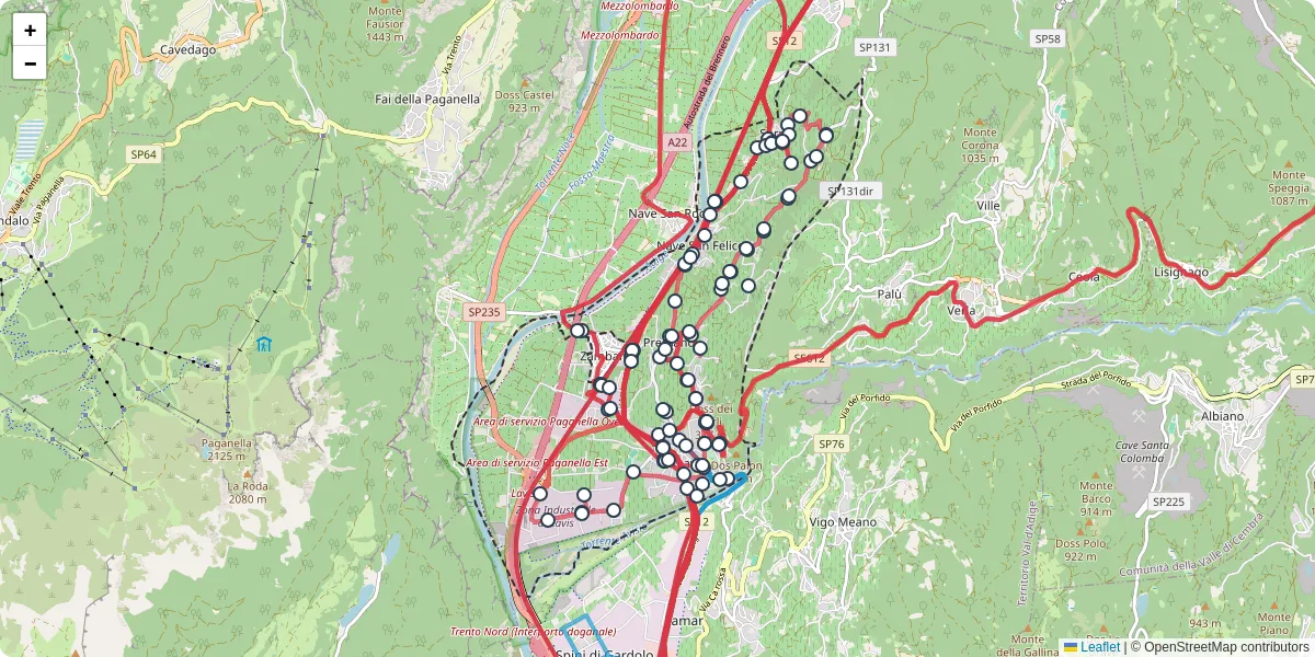 Mappa dettagliata del trasporto pubblico a Lavis con linee autobus, tram e collegamenti