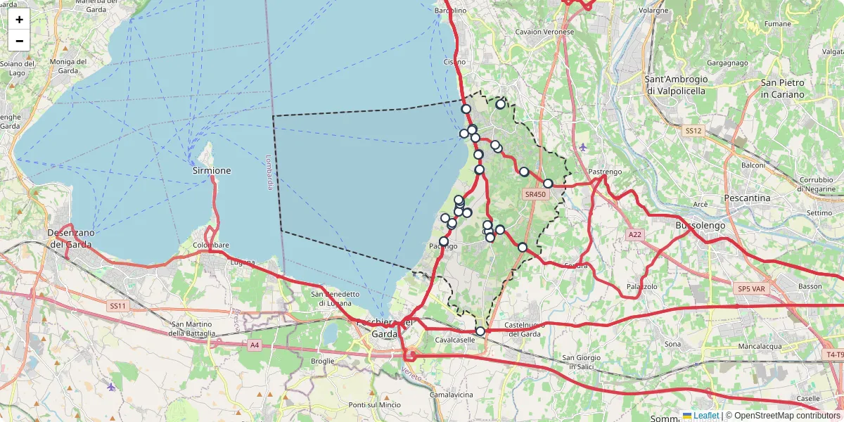 Mappa dettagliata del trasporto pubblico a Lazise con linee autobus, tram e collegamenti