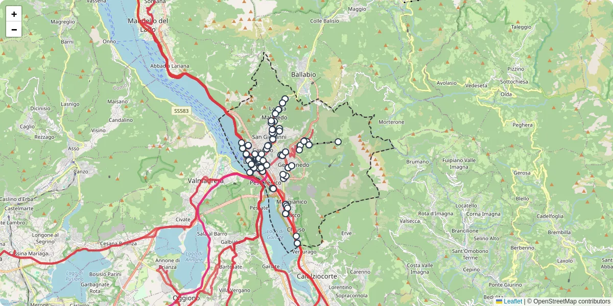 Mappa dettagliata del trasporto pubblico a Lecco con linee autobus, tram e collegamenti