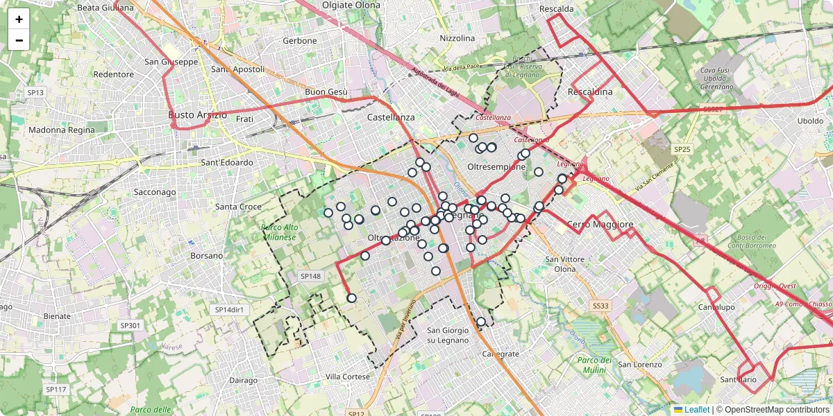 Mappa dettagliata del trasporto pubblico a Legnano con linee autobus, tram e collegamenti