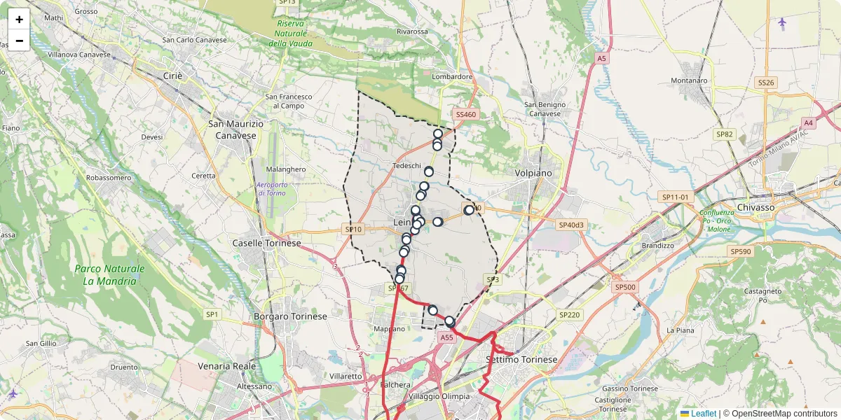 Mappa dettagliata del trasporto pubblico a Leini con linee autobus, tram e collegamenti