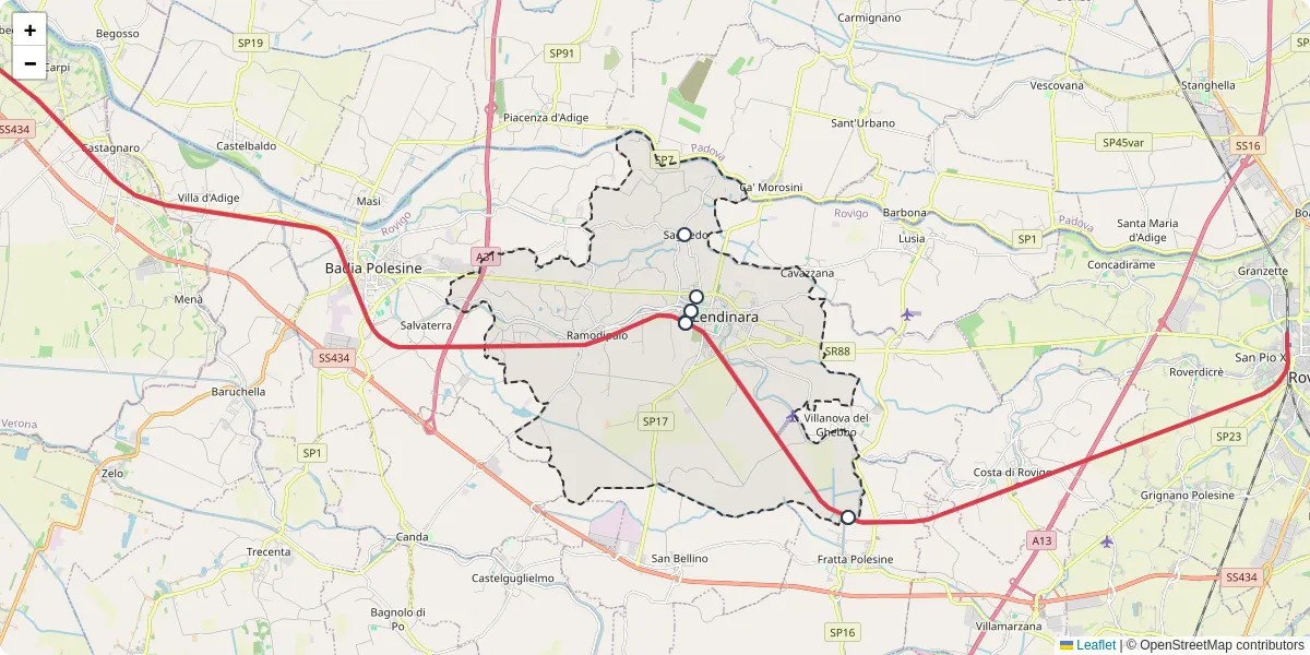 Mappa dettagliata del trasporto pubblico a Lendinara con linee autobus, tram e collegamenti