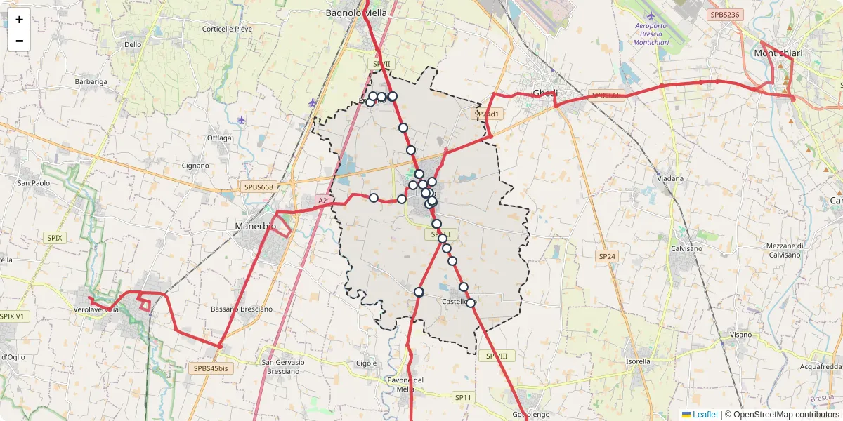 Mappa dettagliata del trasporto pubblico a Leno con linee autobus, tram e collegamenti