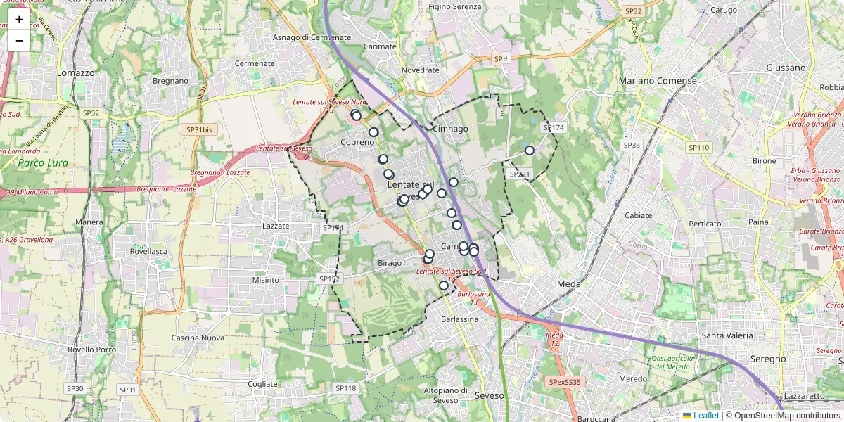 Mappa dettagliata del trasporto pubblico a Lentate sul Seveso con linee autobus, tram e collegamenti