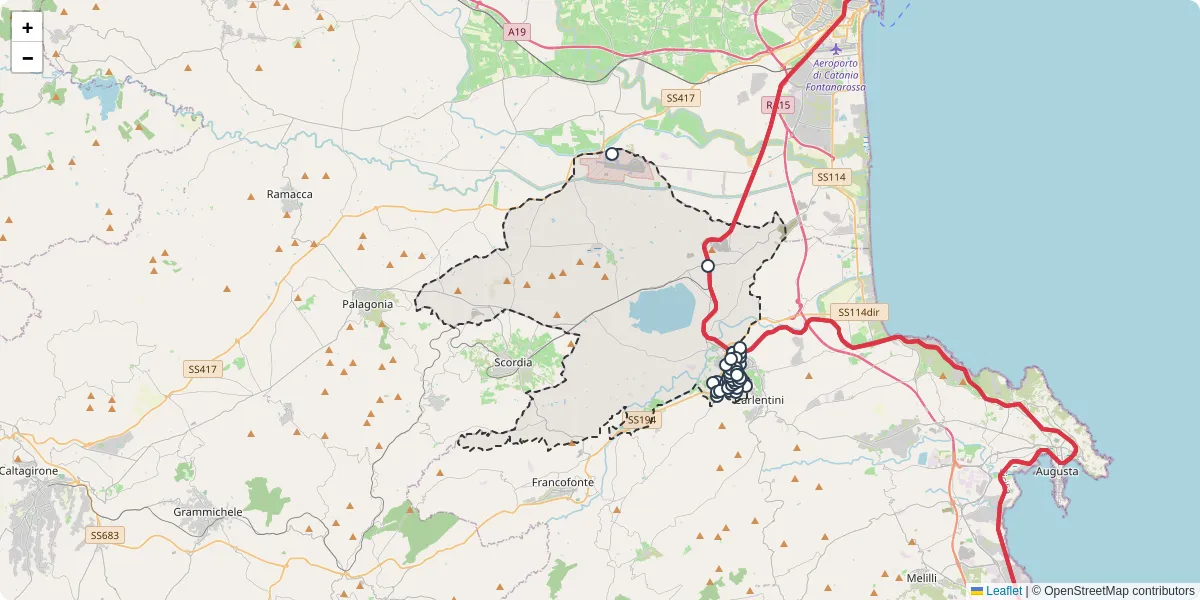 Mappa dettagliata del trasporto pubblico a Lentini con linee autobus, tram e collegamenti
