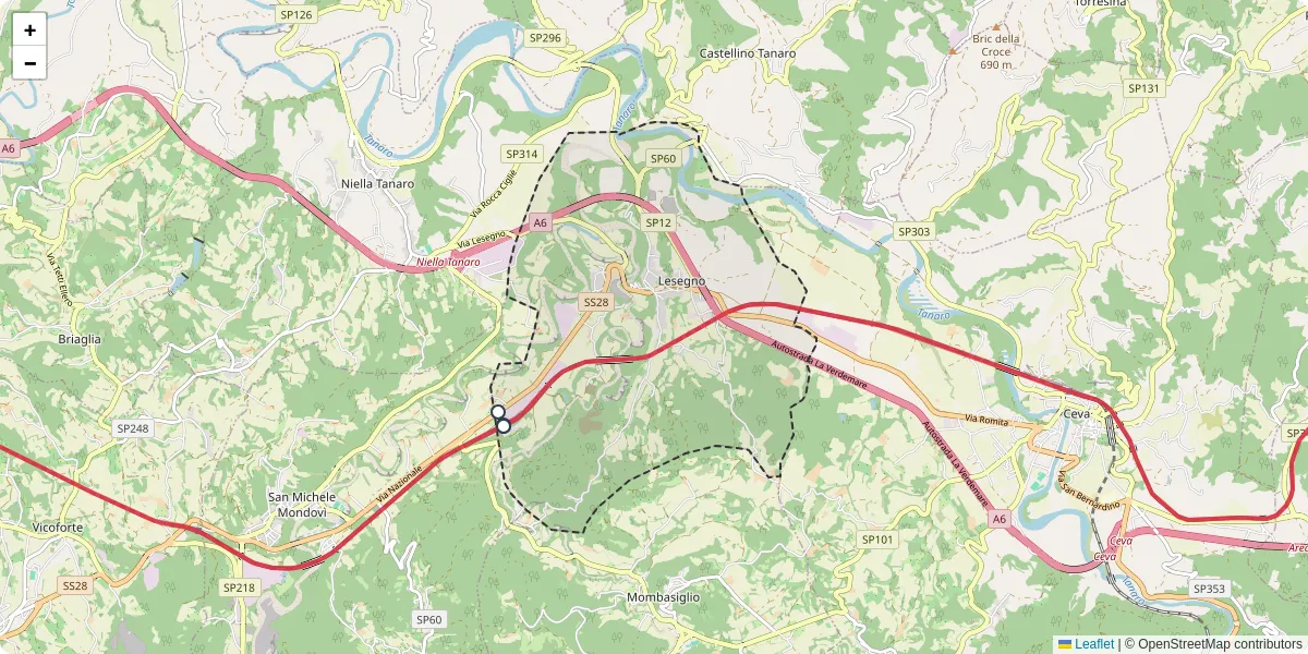 Mappa dettagliata del trasporto pubblico a Lesegno con linee autobus, tram e collegamenti