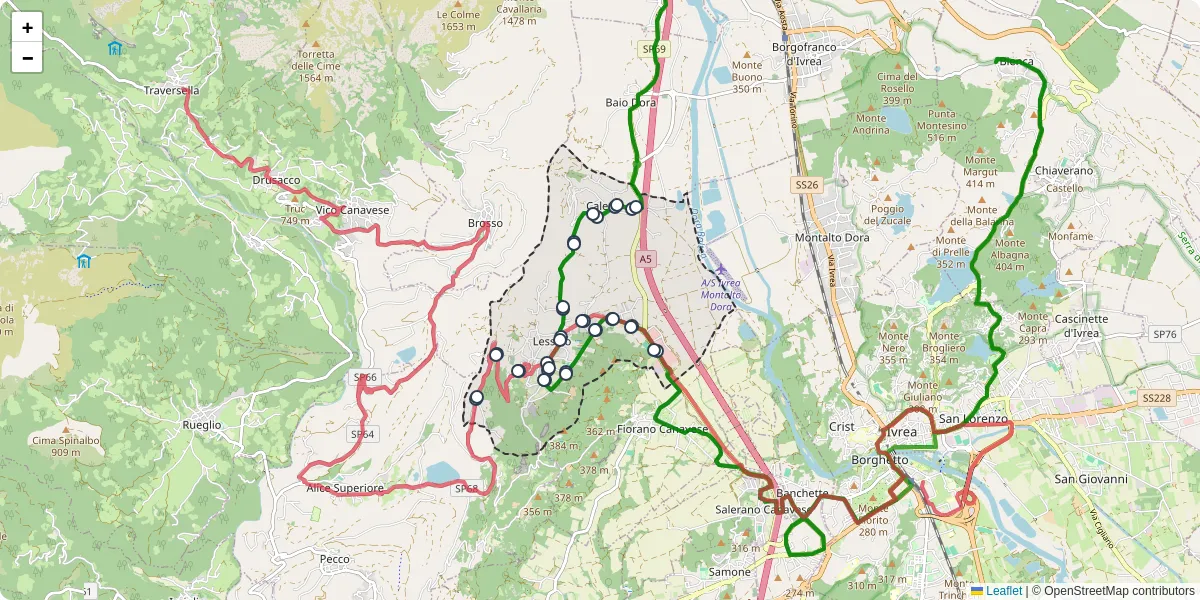 Mappa dettagliata del trasporto pubblico a Lessolo con linee autobus, tram e collegamenti