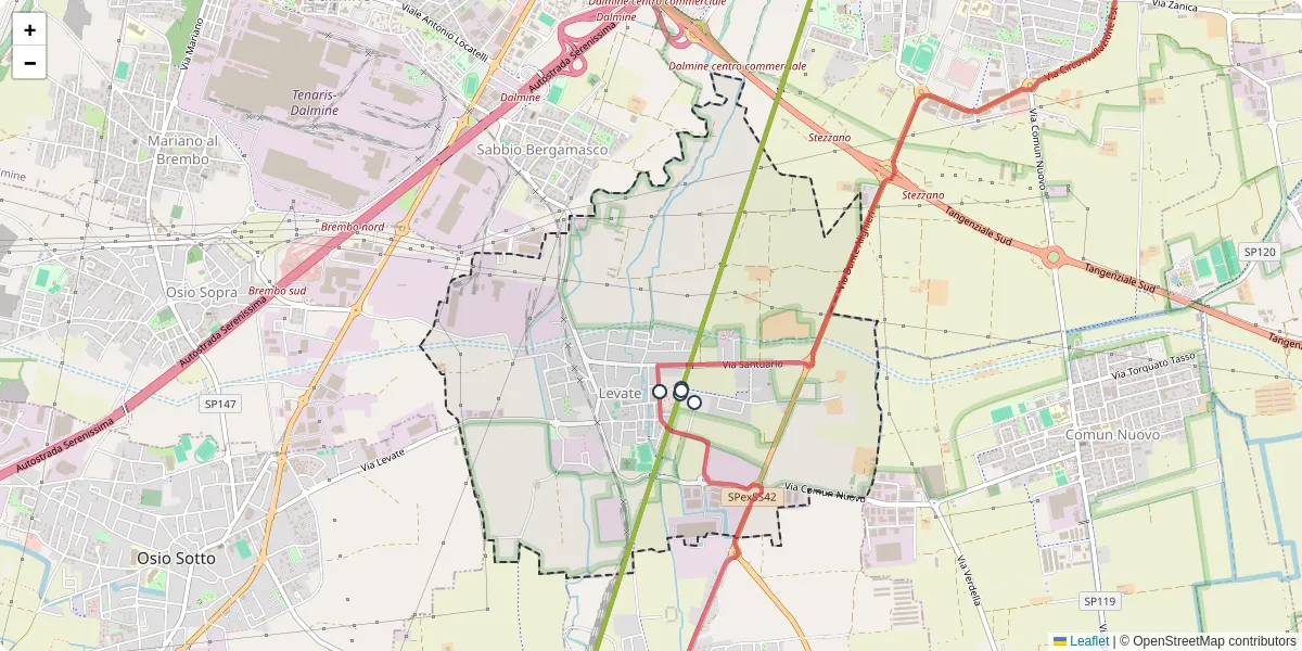 Mappa dettagliata del trasporto pubblico a Levate con linee autobus, tram e collegamenti