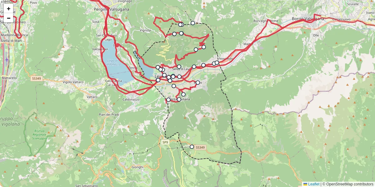 Mappa dettagliata del trasporto pubblico a Levico Terme con linee autobus, tram e collegamenti