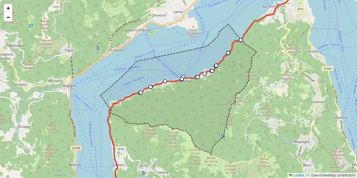 Mappa dettagliata del trasporto pubblico a Lezzeno con linee autobus, tram e collegamenti