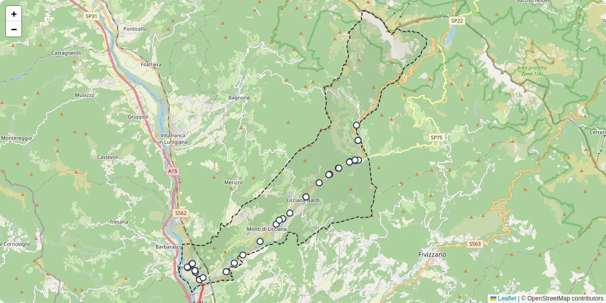Mappa dettagliata del trasporto pubblico a Licciana Nardi con linee autobus, tram e collegamenti