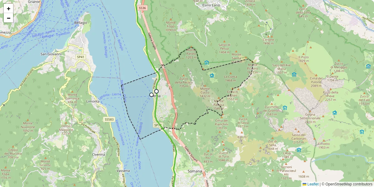 Mappa dettagliata del trasporto pubblico a Lierna con linee autobus, tram e collegamenti