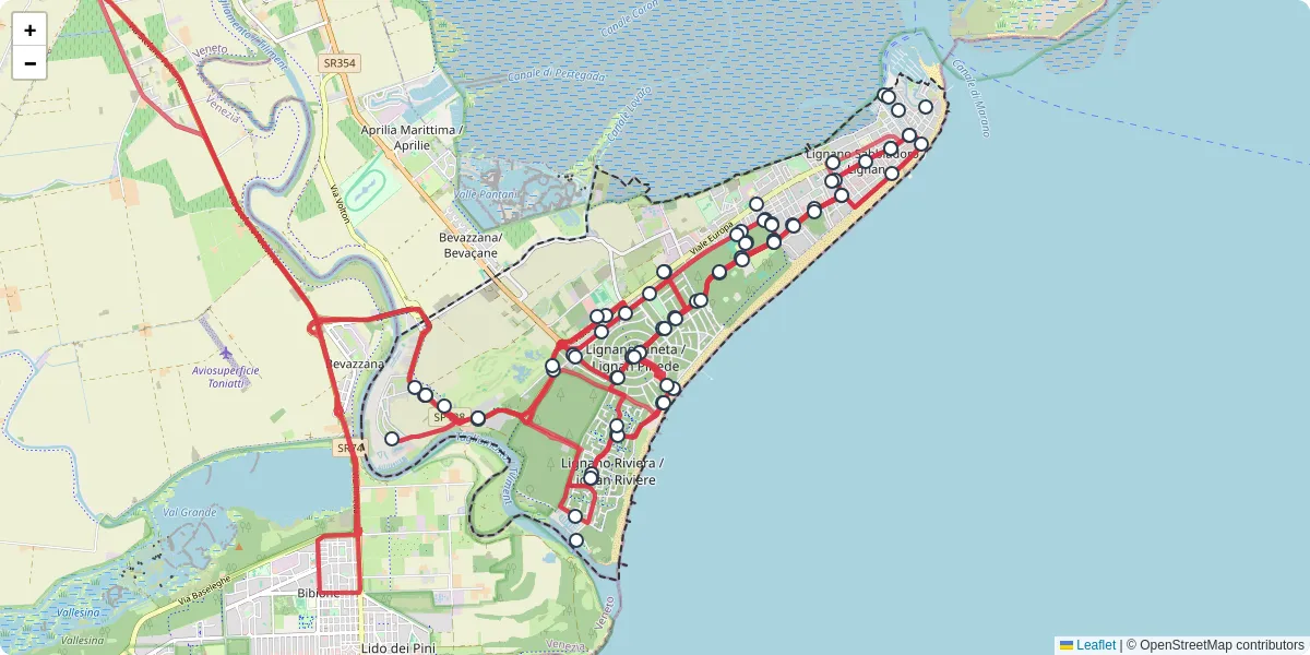 Mappa dettagliata del trasporto pubblico a Lignano Sabbiadoro / Lignan con linee autobus, tram e collegamenti