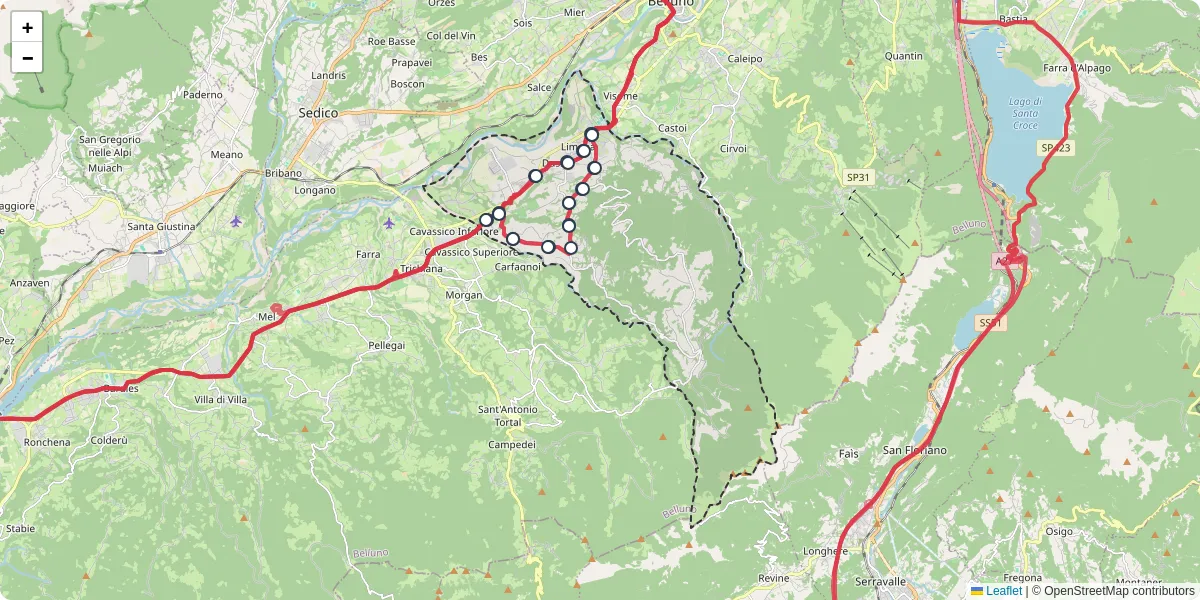 Mappa dettagliata del trasporto pubblico a Limana con linee autobus, tram e collegamenti
