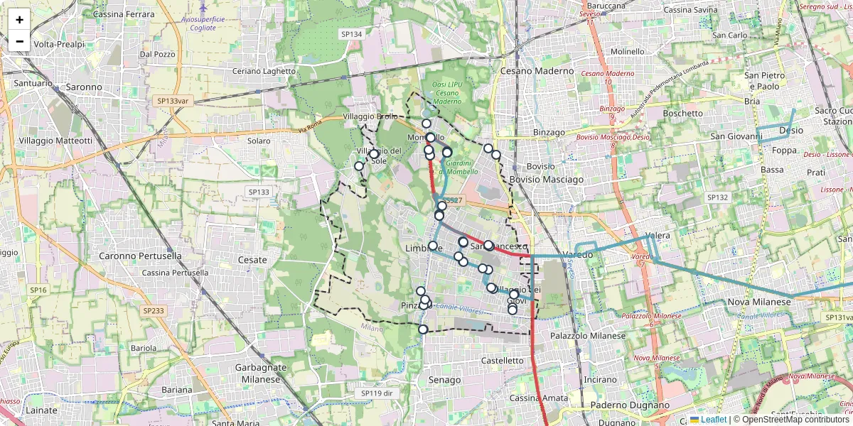 Mappa dettagliata del trasporto pubblico a Limbiate con linee autobus, tram e collegamenti