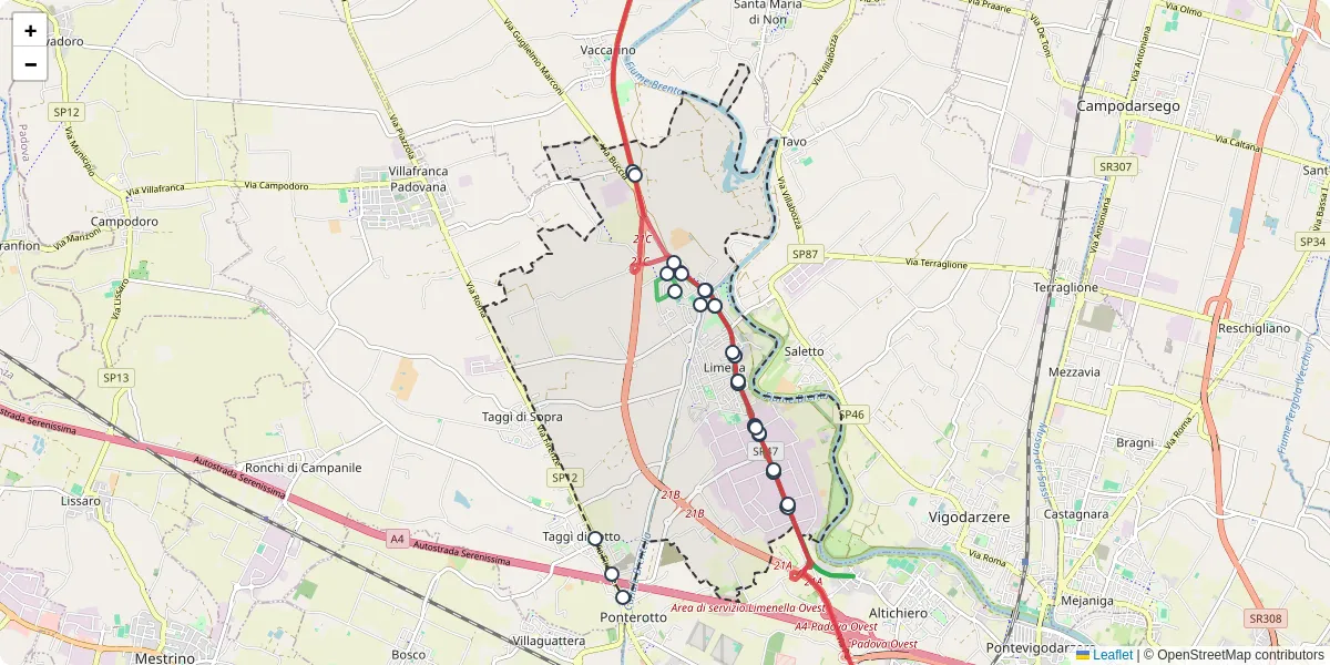 Mappa dettagliata del trasporto pubblico a Limena con linee autobus, tram e collegamenti