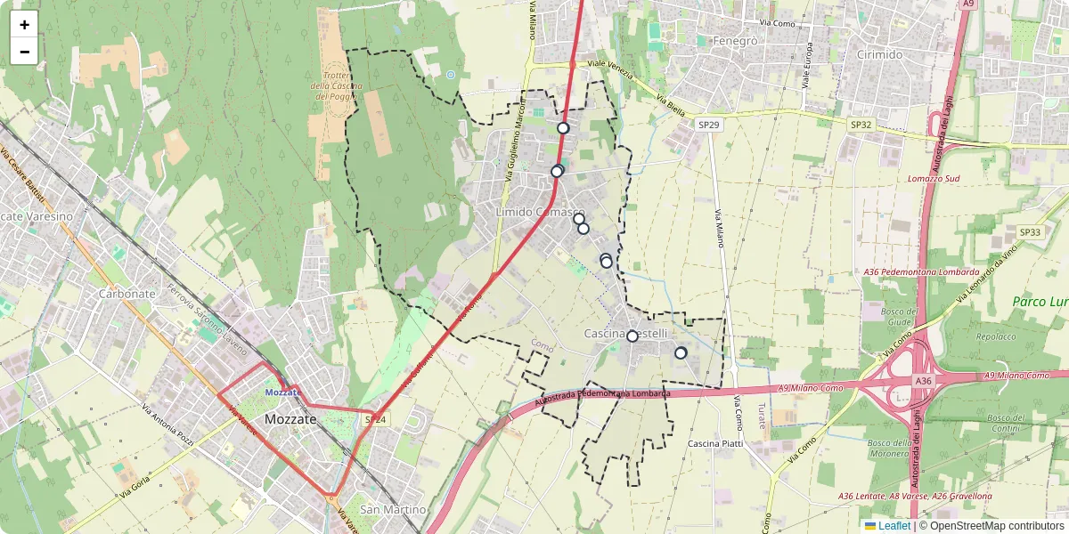 Mappa dettagliata del trasporto pubblico a Limido Comasco con linee autobus, tram e collegamenti