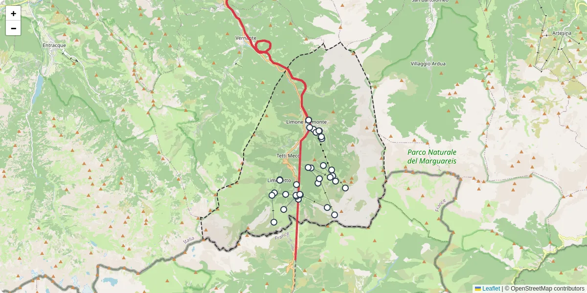 Mappa dettagliata del trasporto pubblico a Limone Piemonte con linee autobus, tram e collegamenti