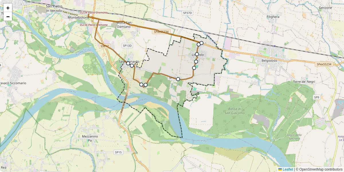Mappa dettagliata del trasporto pubblico a Linarolo con linee autobus, tram e collegamenti