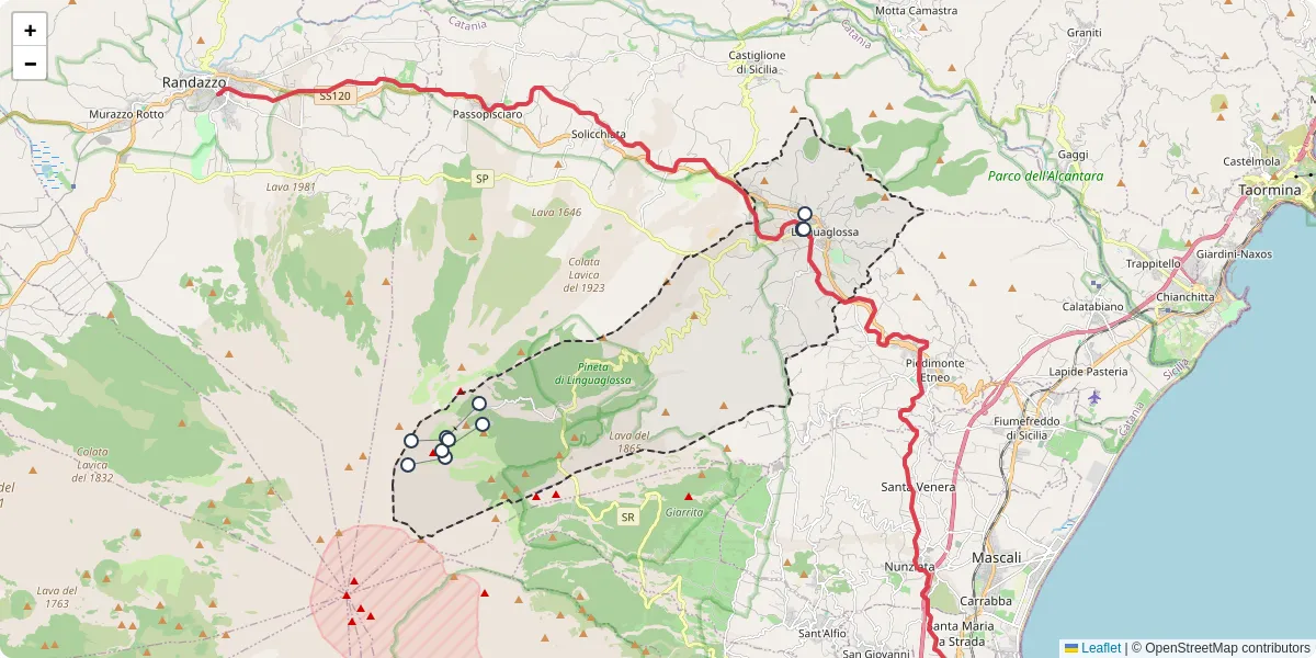 Mappa dettagliata del trasporto pubblico a Linguaglossa con linee autobus, tram e collegamenti