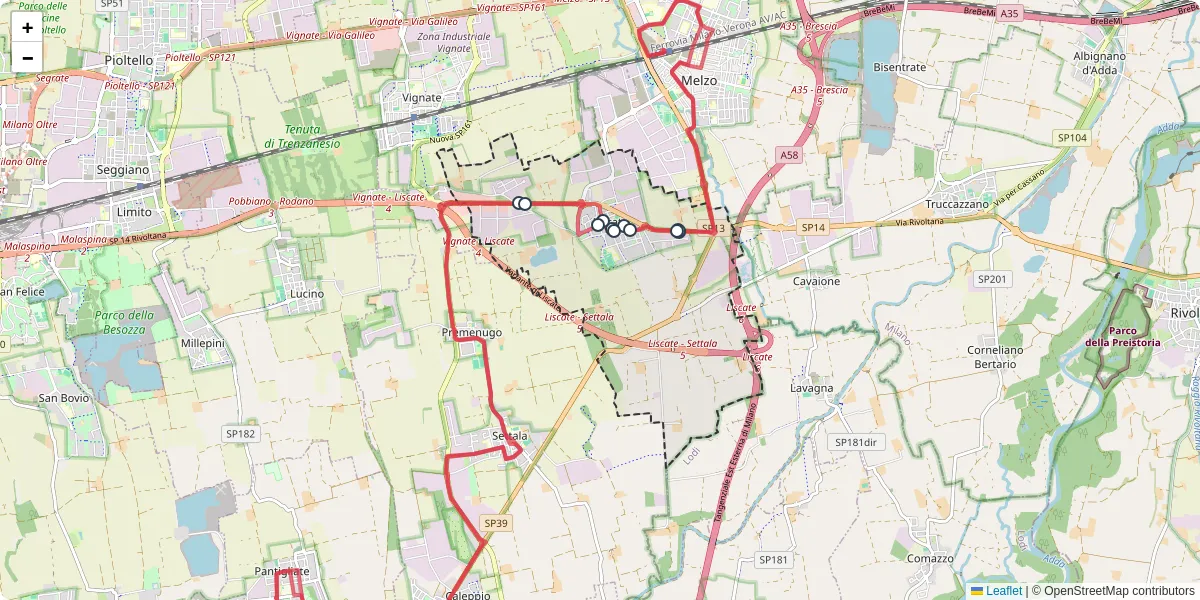 Mappa dettagliata del trasporto pubblico a Liscate con linee autobus, tram e collegamenti