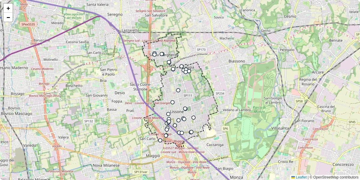 Mappa dettagliata del trasporto pubblico a Lissone con linee autobus, tram e collegamenti