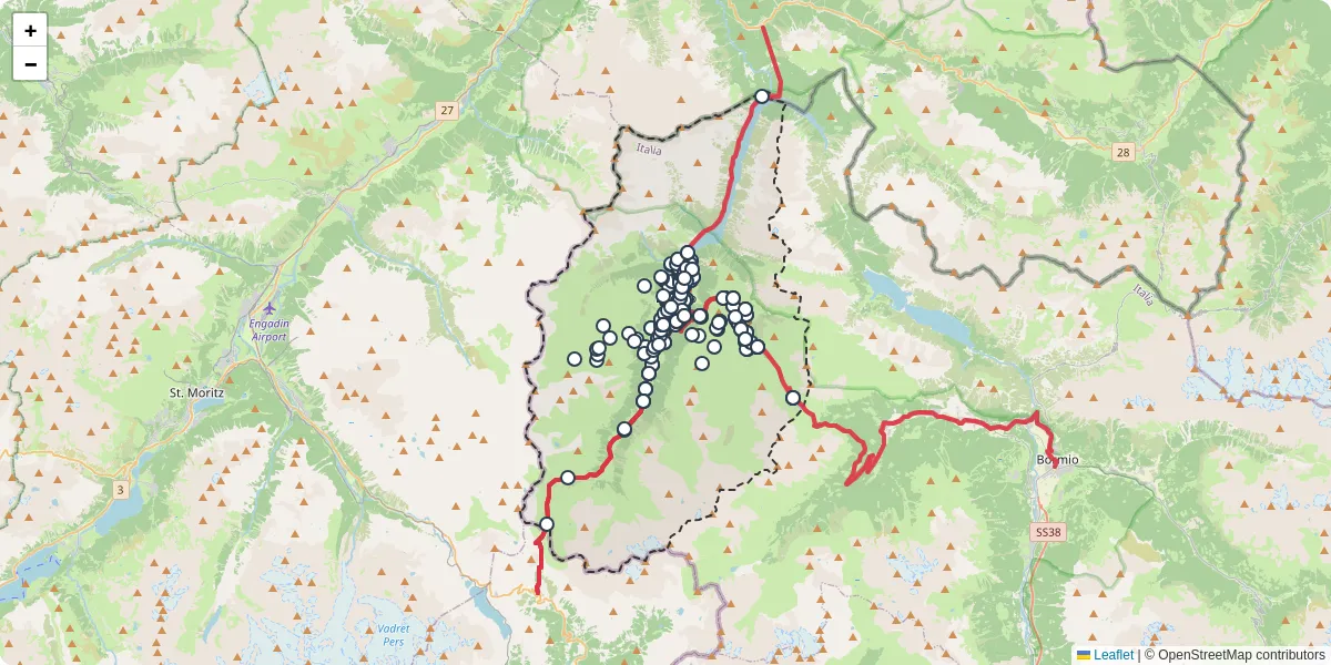 Mappa dettagliata del trasporto pubblico a Livigno con linee autobus, tram e collegamenti