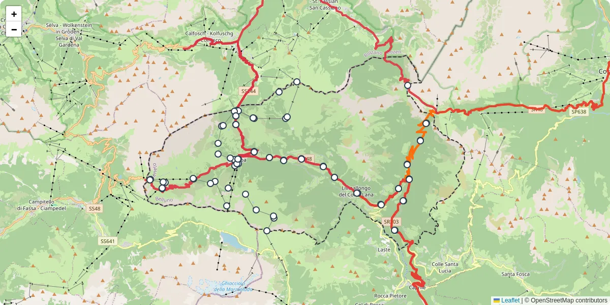 Mappa dettagliata del trasporto pubblico a Livinallongo del Col di Lana con linee autobus, tram e collegamenti