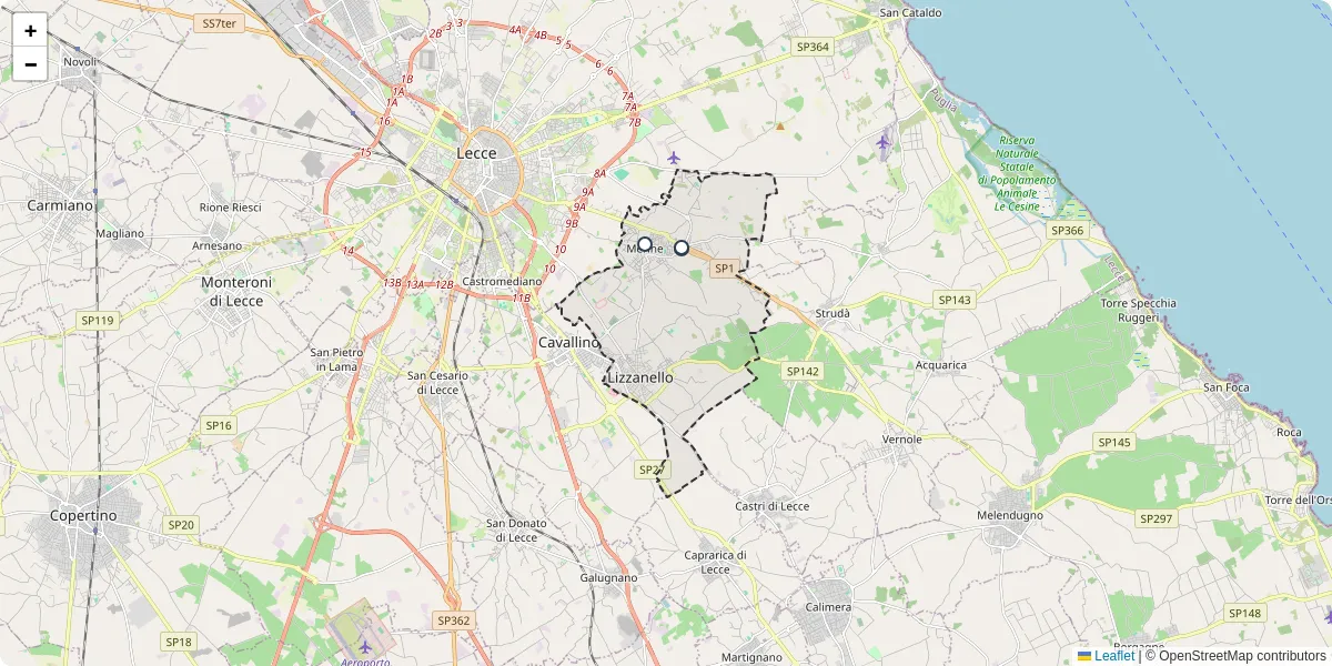 Mappa dettagliata del trasporto pubblico a Lizzanello con linee autobus, tram e collegamenti