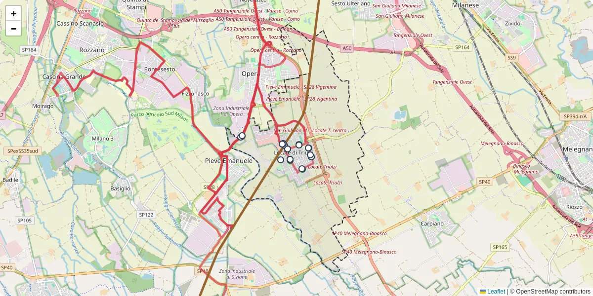 Mappa dettagliata del trasporto pubblico a Locate di Triulzi con linee autobus, tram e collegamenti