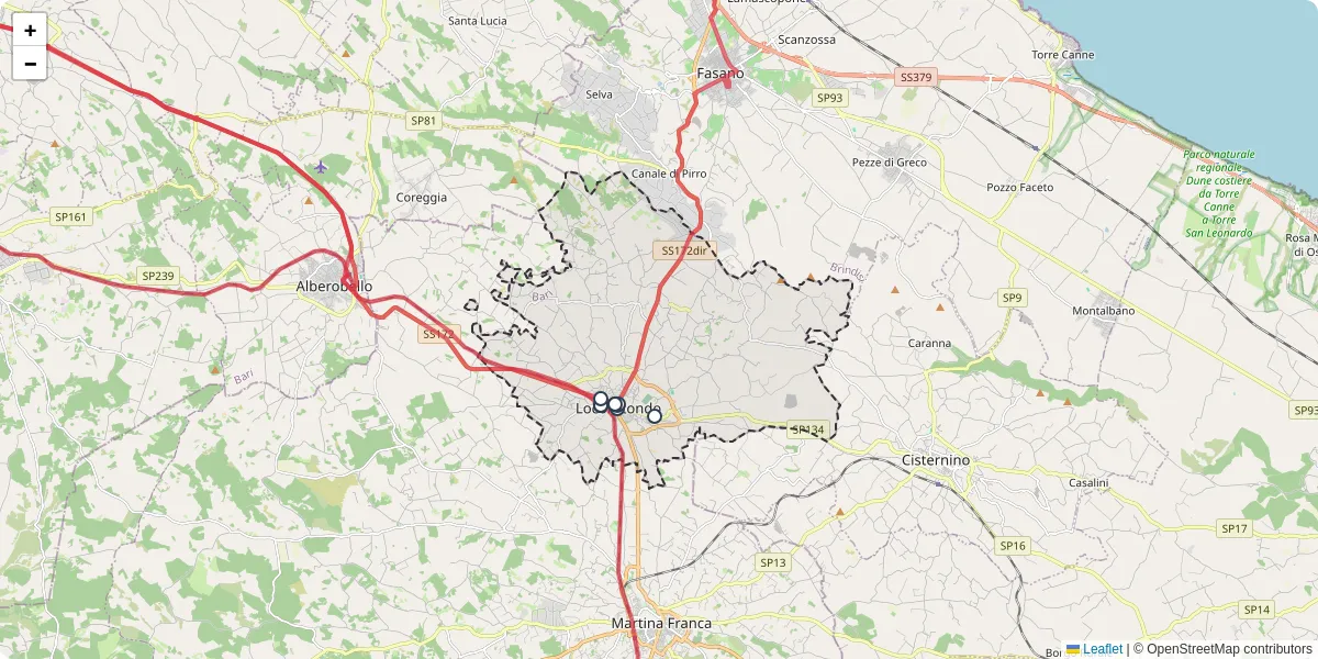 Mappa dettagliata del trasporto pubblico a Locorotondo con linee autobus, tram e collegamenti