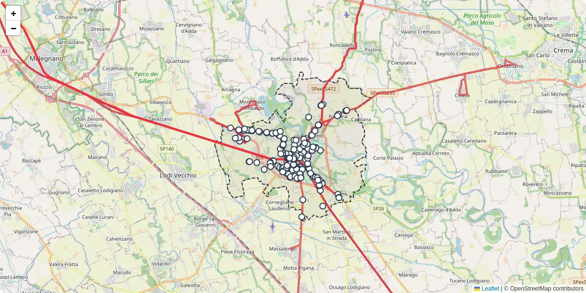 Mappa dettagliata del trasporto pubblico a Lodi con linee autobus, tram e collegamenti