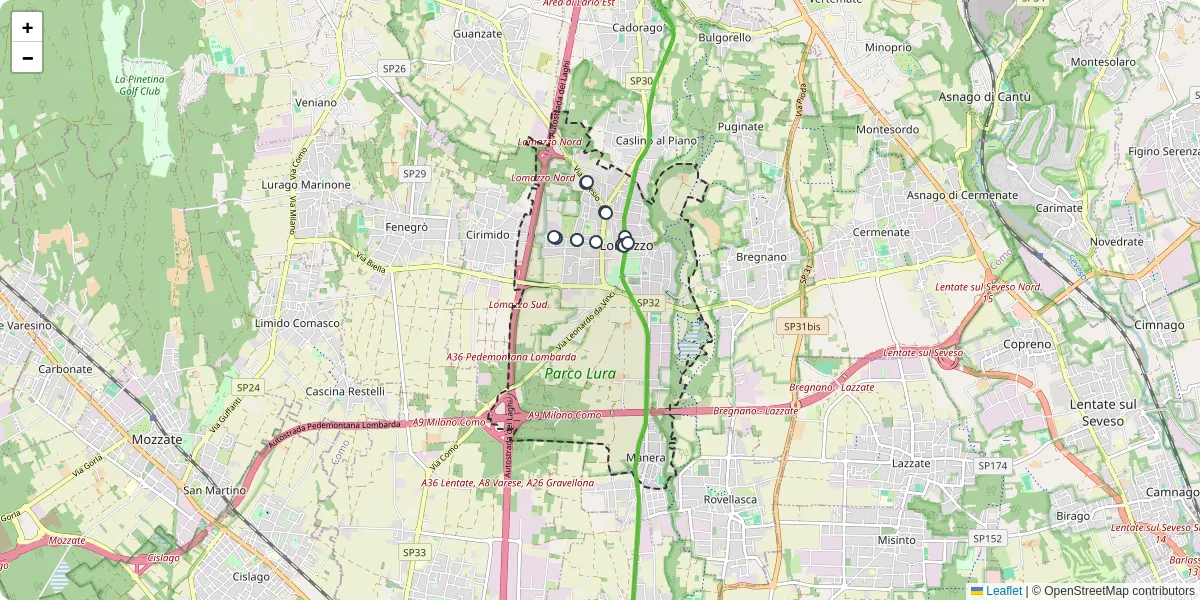 Mappa dettagliata del trasporto pubblico a Lomazzo con linee autobus, tram e collegamenti