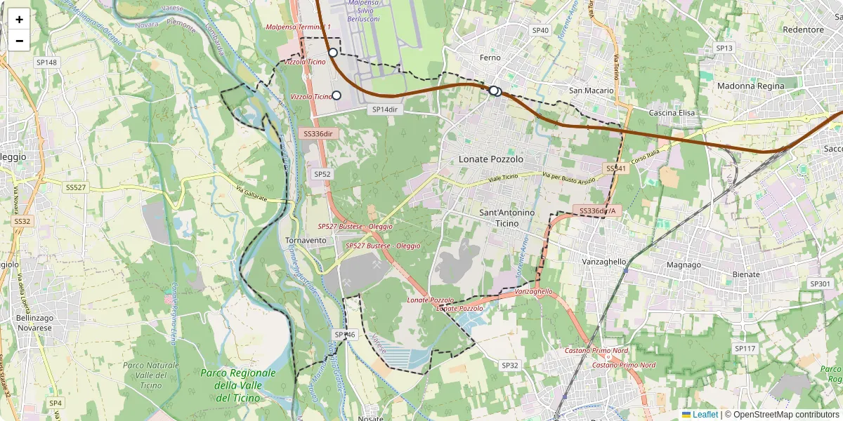 Mappa dettagliata del trasporto pubblico a Lonate Pozzolo con linee autobus, tram e collegamenti